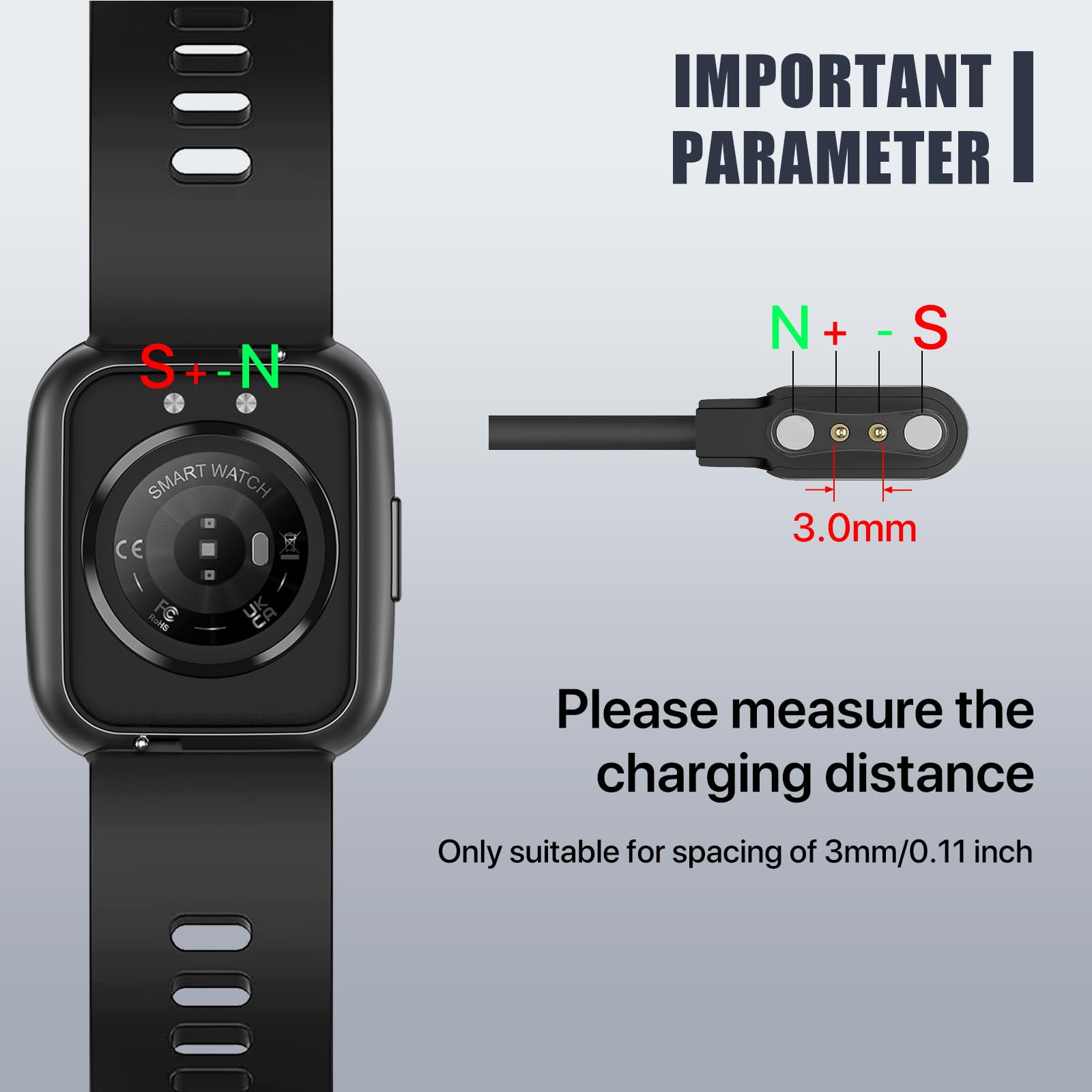 WalkerFit 2-Pack Smart Watch Charger Magnetic Compatible Smart Watch, IWD19/IDW26/IDW16/IDW13/ID208BT/IDW17/IDW21/208BT, and Other Smartwatchs with 2.5-3mm/0.1-0.12in Charging Spot Distance