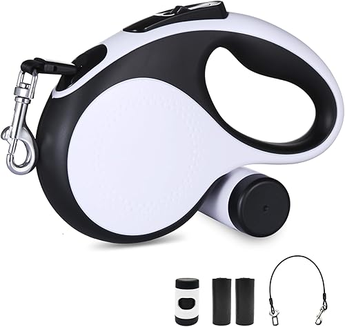 Correa retráctil para perro de 26 pies con cable a prueba de mordidas, correa resistente con bolsas extraíbles para excrementos para perros medianos