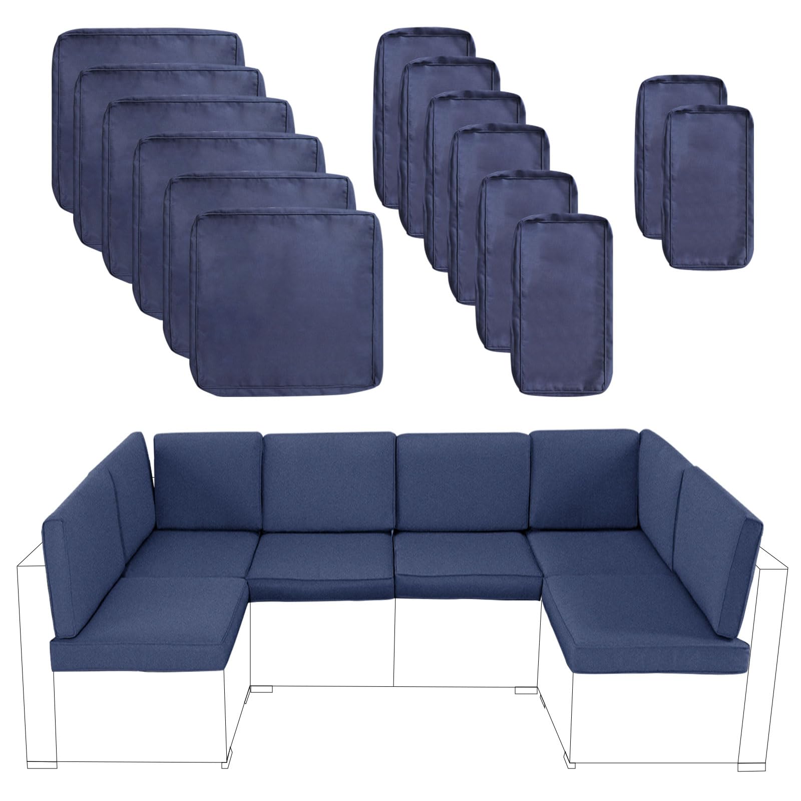 Incbruce 14 Piece Outdoor Patio Cushion Covers Replacement, Outdoor Cushion Slipcovers (6 Seat Covers,4 Back Covers, and 4 Side Covers) with Zipper for Outdoor Furniture (Dark Blue)