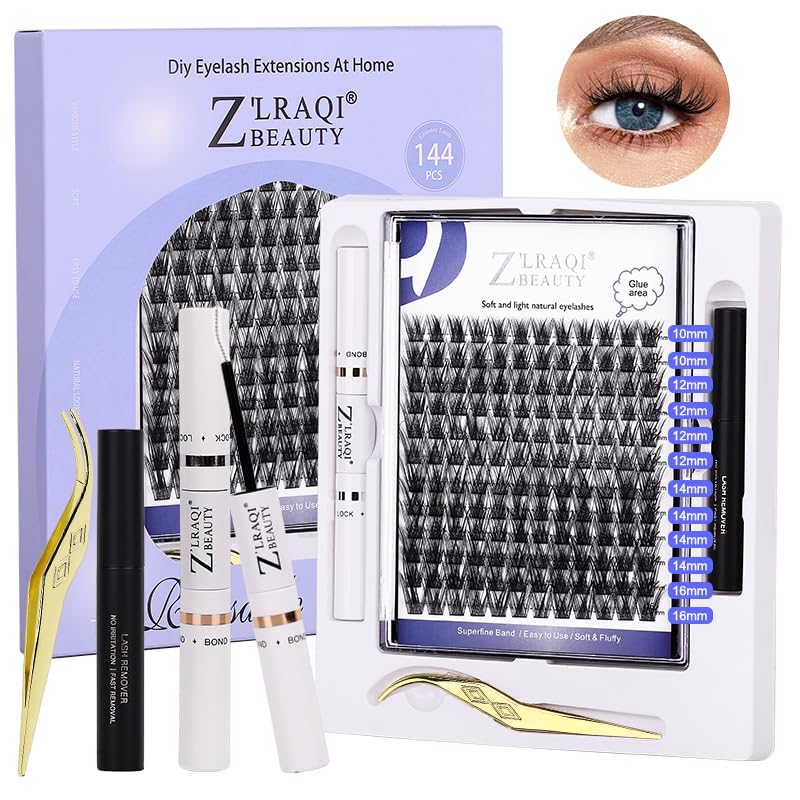 144 Pcs Eyelash Extension Kit, Cluster Eyelash Extensions, 12-16mm DIY Lash Clusters Kit with Bond and Seal, Lash Applicator Tool DIY Extensions at Home, Easy to Apply