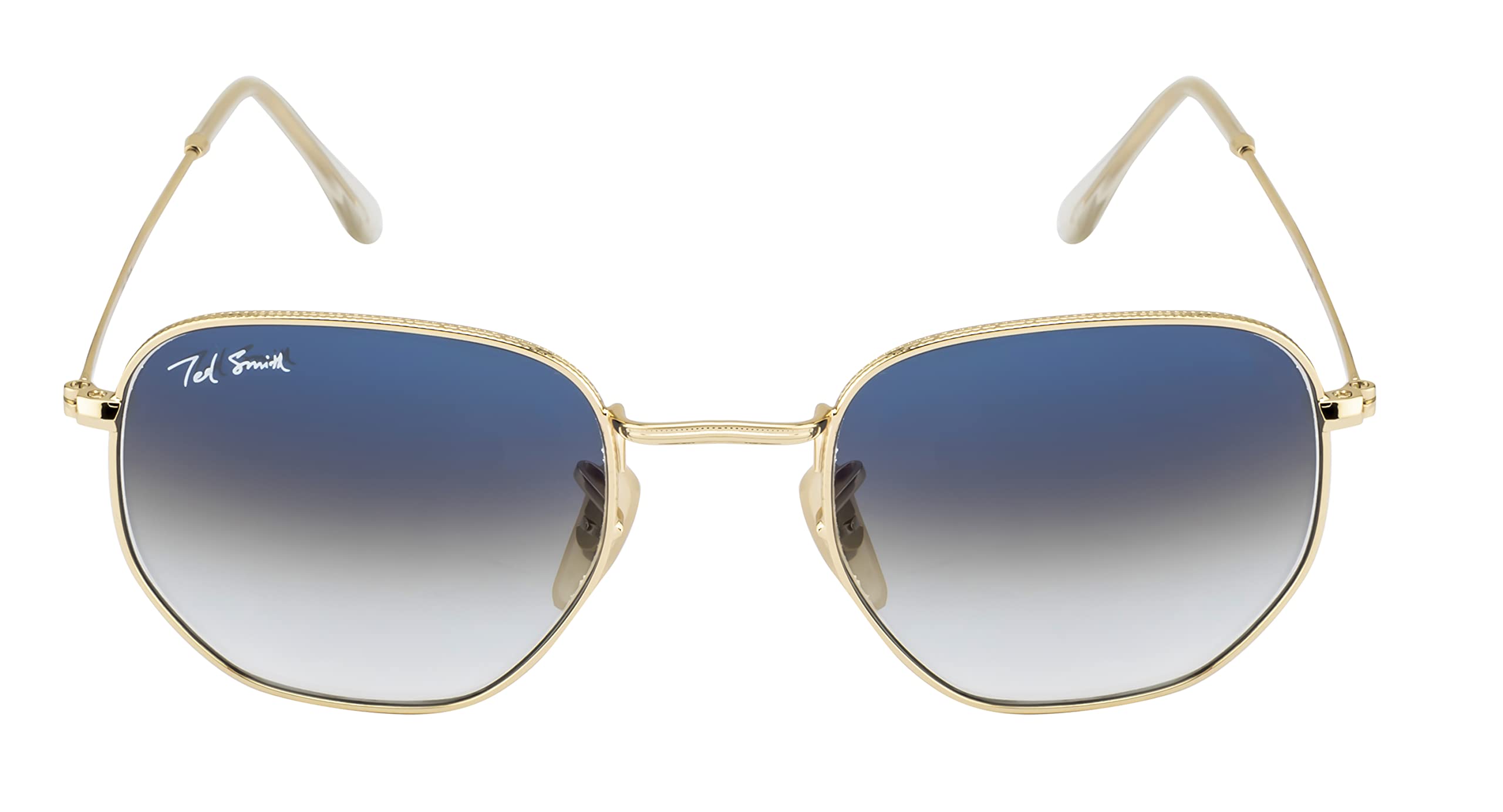 Ted Smith Men's Women's Glass UV Protection Blue Graded Lens Gold Hexagonal Sunglasses