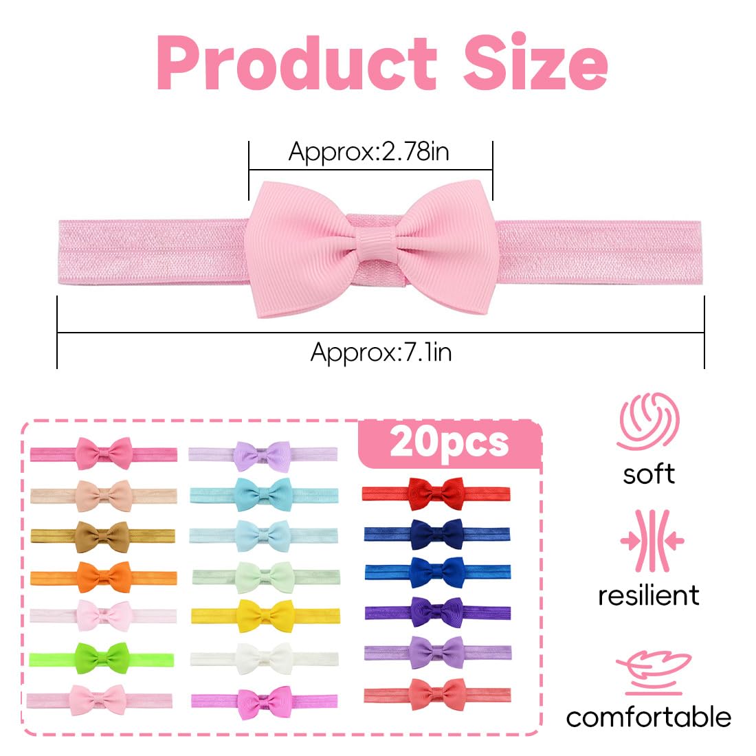 20 Pezzi Fascia Capelli Neonata, Fascia Capelli Bambina, Fascia Elastica per Capelli con Fiocchi Accessori per Capelli per Nascita Bambina Femmina