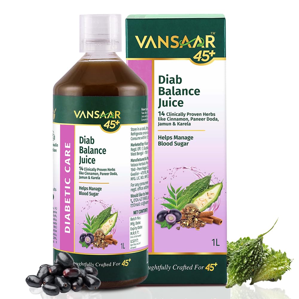 Vansaar 45+ Diab Balance Juice, 1L | Ayurvedic Diabetic Care Juice for 45+ Adults | Karela, Jamun, Neem, Paneer Doda, Cinnamon, & 9 more natural herbs | Manages Blood Sugar & Insulin Level