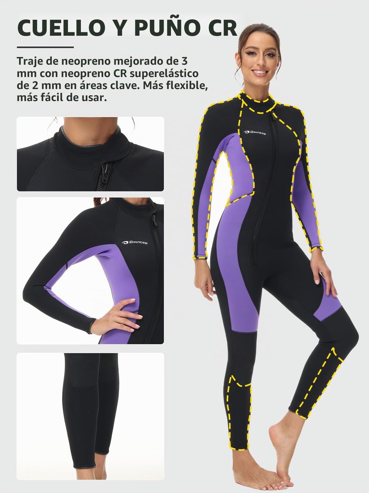 Owntop Mujeres Traje de Neopreno 3/2mm - Trajes de Buceo con Cremallera Delantera, Stretch Pro Wetsuit Térmico de Longitud Completa para Surf Snorkel, Mujer Morado M