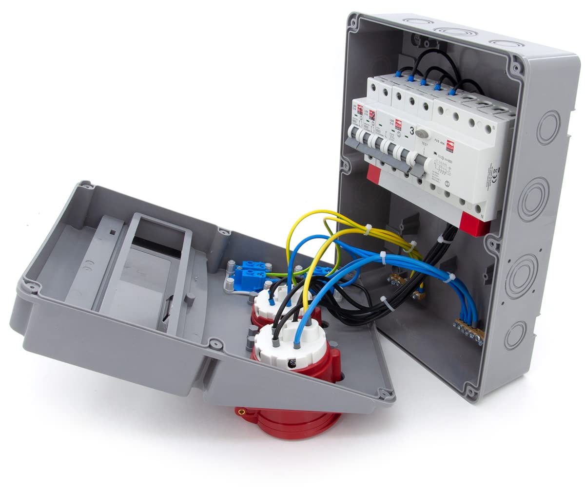 ELS Elektrotechnika Distribuidor de corriente con interruptor de protección FI + 2x Schuko de 230V, 2 interruptores de protección LS + 1x CEE 16A + 1 enchufe CEE de 32A, cableado, listo para conectar.