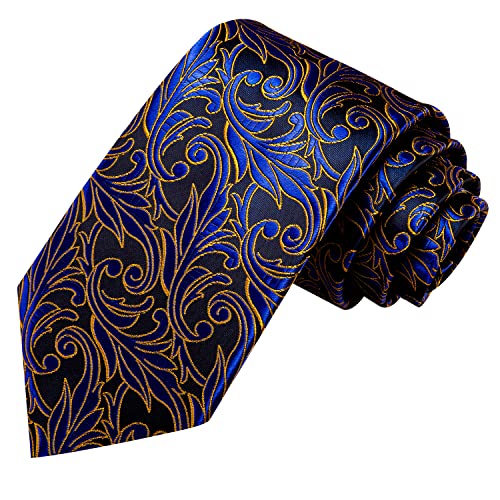 Image of Hi-Tie Blue Gold Flower Neckties for Men Jacquard Classic Tie and Pocket Square Lapel Pin Silver Tie Clip Cufflinks Set Wedding Business 6PCS