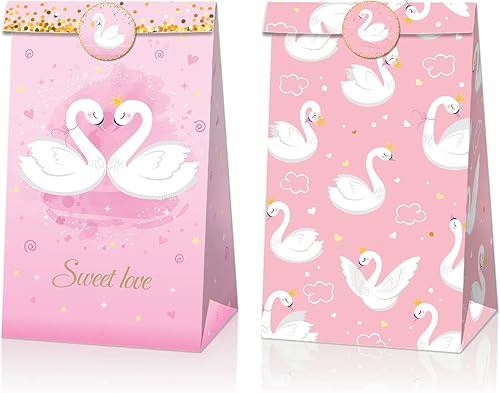 Miniatura 4 de Paquete de 12 bolsas de regalo para fiesta de cisne, decoración de fiesta de cumpleaños con temática de cisne rosa, aperitivos, bolsas de papel con