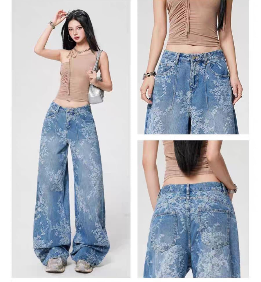 Unisex Y2k Vintage Floral Embroidery Baggy Wide Leg Jeans Harajuku 2000s Grunge High Waisted Loose Casual Denim Pants 6