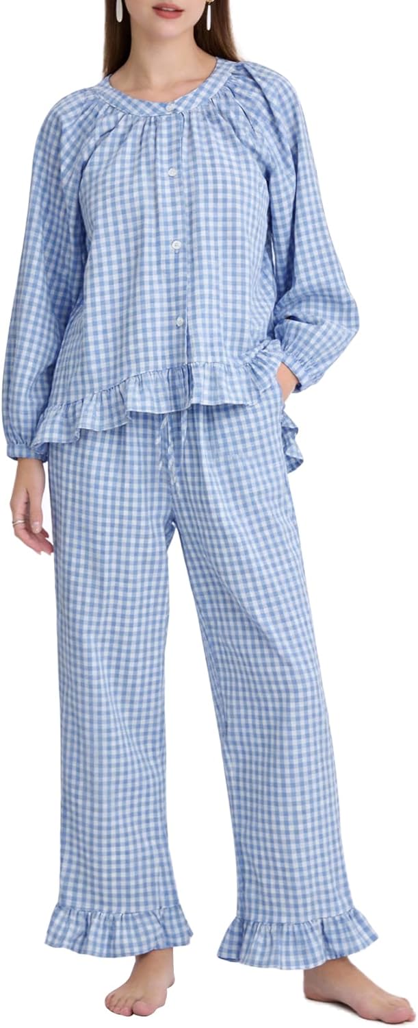 PEHMEA Women's Gingham Cotton Pajama Set Cute 2 Piece Plaid Ruffle PJs with Long Pants Button Down Top for Lounge Sleepwear