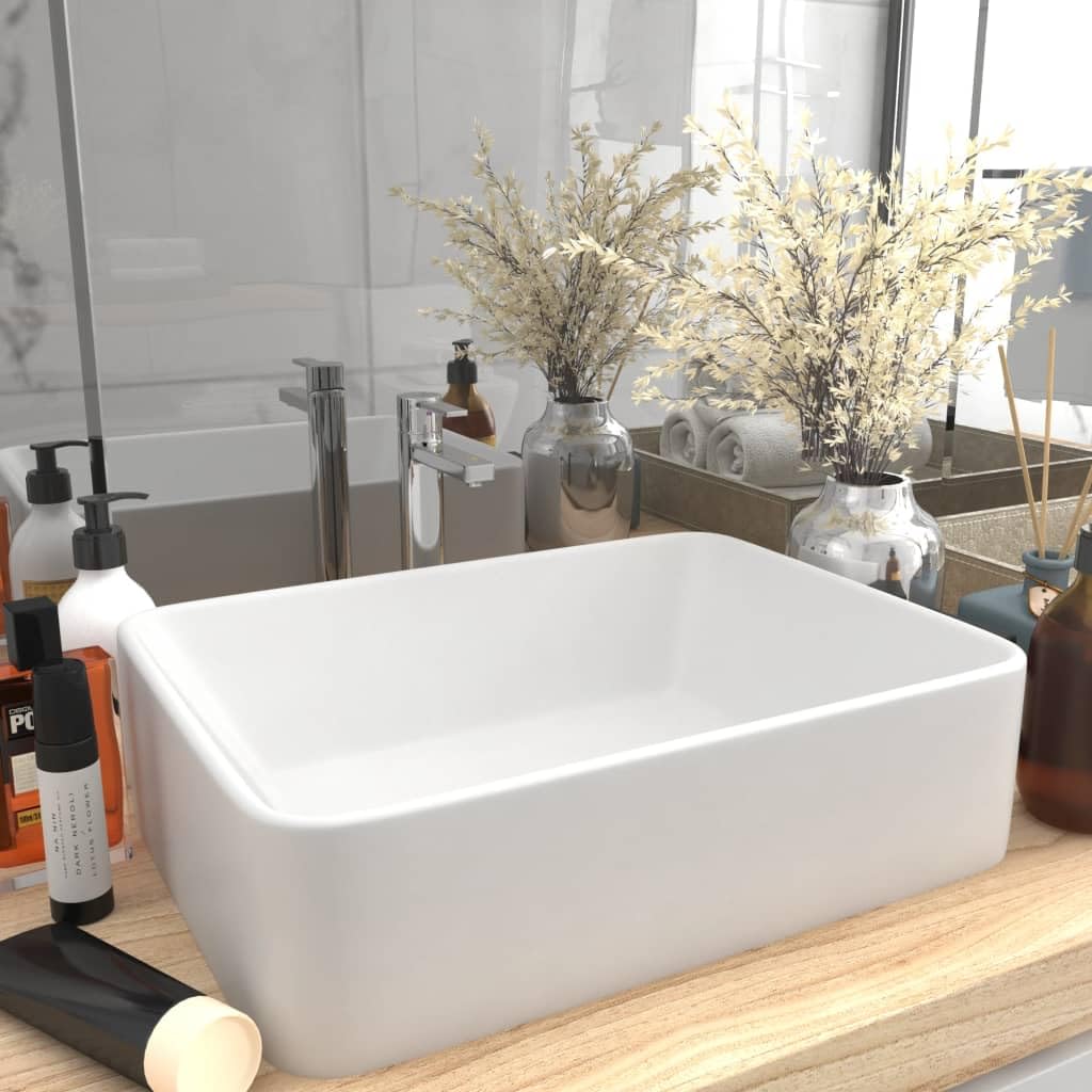 Lavabo de Cerámica Blanco Mate, Diseño Rectangular Moderno para Baño, Lavadero o Tocador, Fácil de Limpiar, Acabado Antihuellas, Montaje Sobre Encimera, 41x30x12 cm