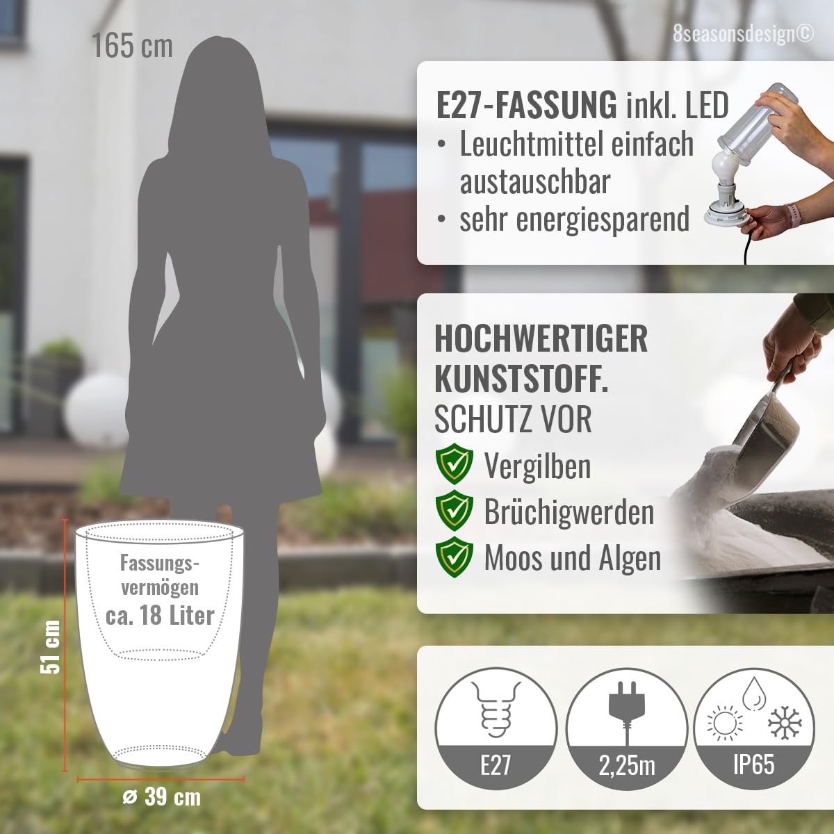 8 seasons Design LED Pflanzkübel 39 x 51cm, Shining Curvy Pot M (Weiß) E27, warmweißes Licht – wetterfest – beleuchteter Blumentopf für außen (Garten, Terrasse, Balkon) und innen
