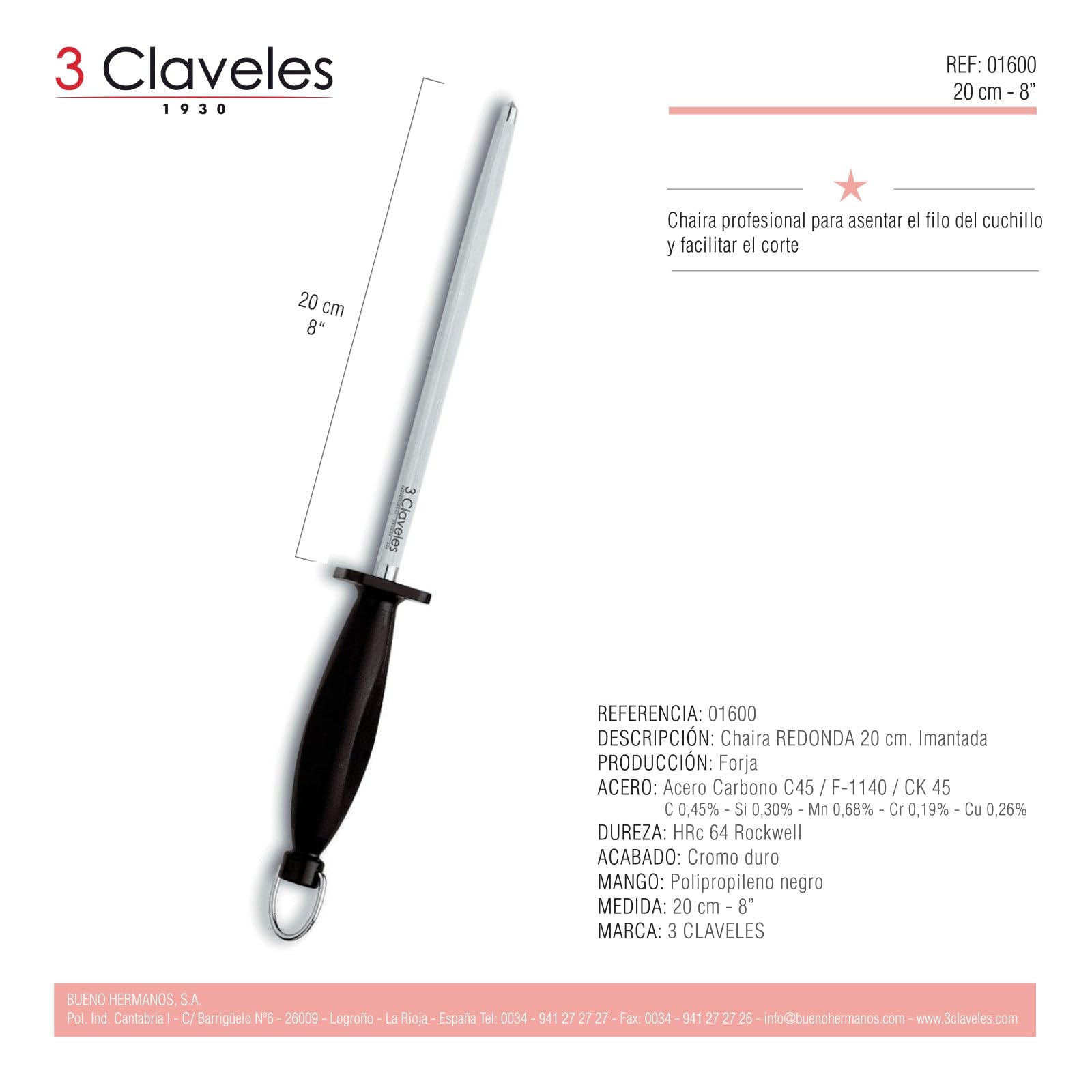 3 Claveles 00966 - Ensemble de couteaux à trancher à lame Creuse avec Fusil à Aiguiser, 29 cm, Noir