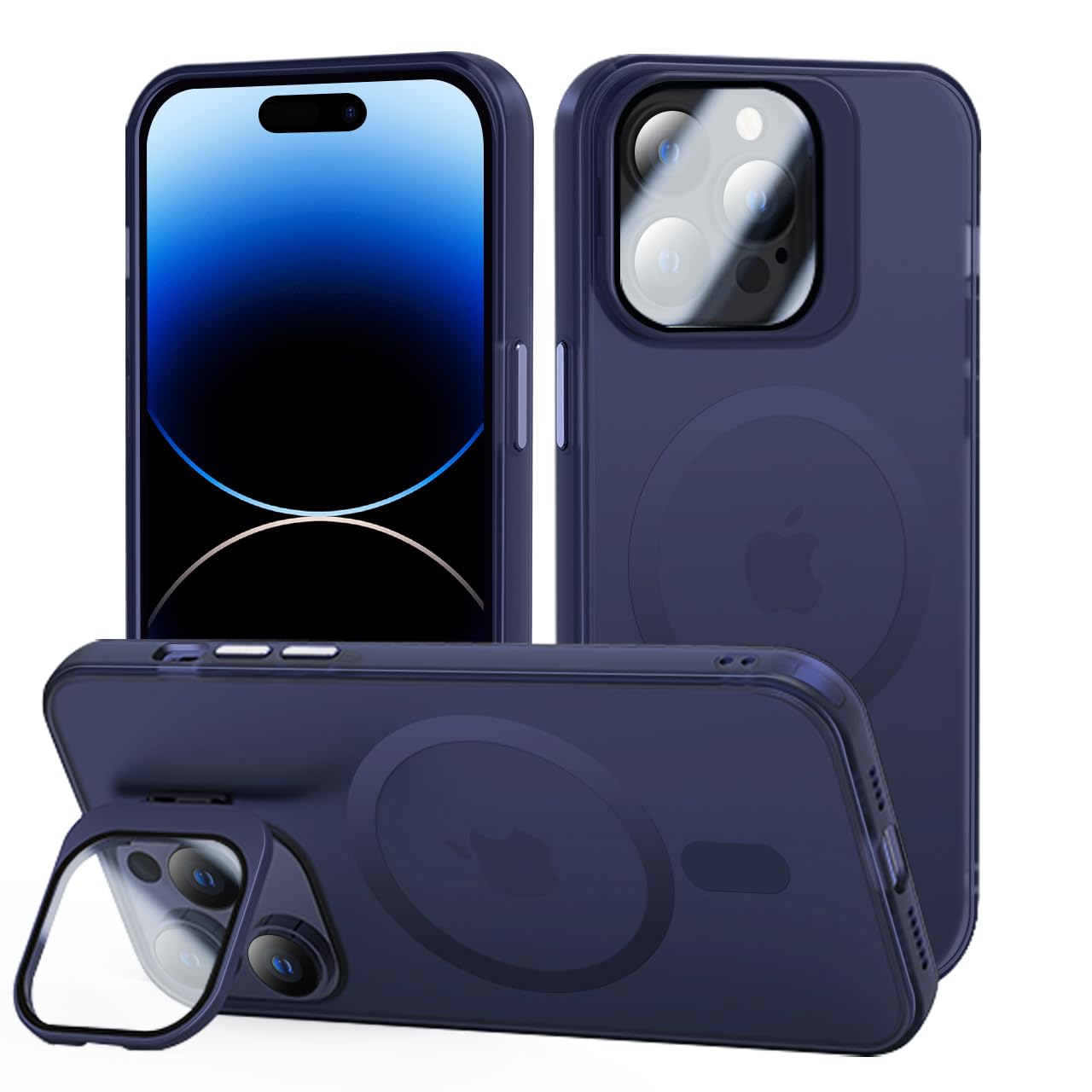 tigratigro Cover con Cavalletto,Compatibile con iPhone 14 Pro Max,Protezione Fotocamera H9 vetro temperato,Custodia Posteriore Glassata Traslucida, Anti-Impronte,Sensazione di Velluto (Azzurro Navy)
