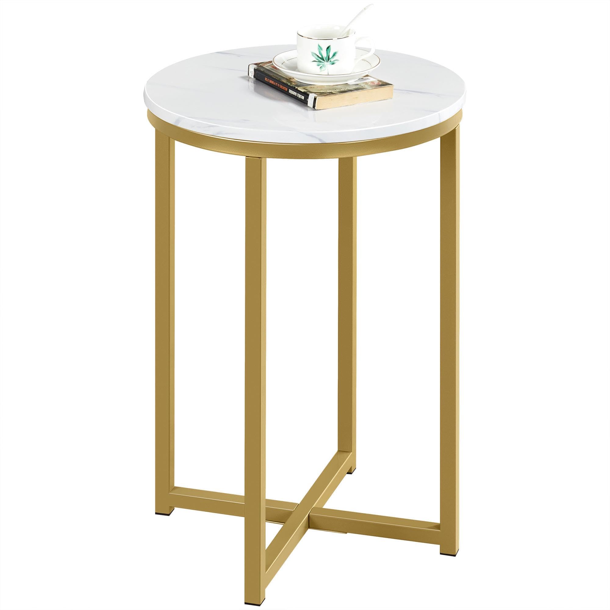 Yaheetech Round Side Table, Marble Effect Gold Side Table with X-Based & Sturdy Metal Legs, End Table Bedside Table for Bedroom/Living Room/Office, Mustard Gold, 40.5 x 40.5 x 61 cm