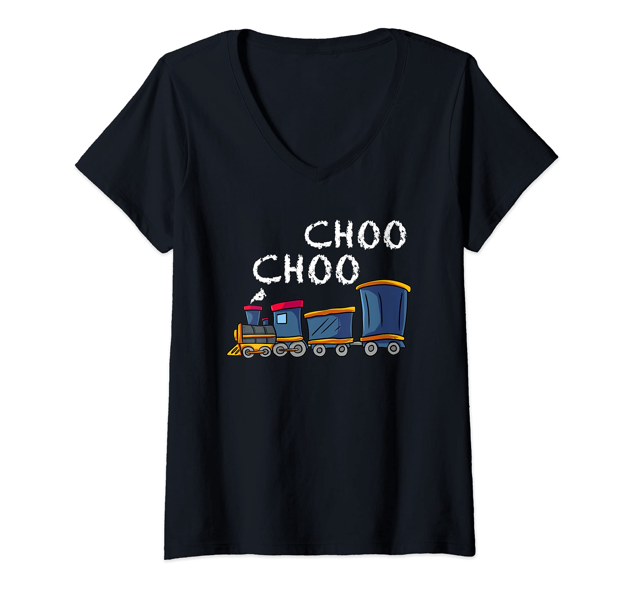 Womens Choo Choo Train Gift for Boys & Girls- Steam Locomotive V-Neck T-Shirt, Black