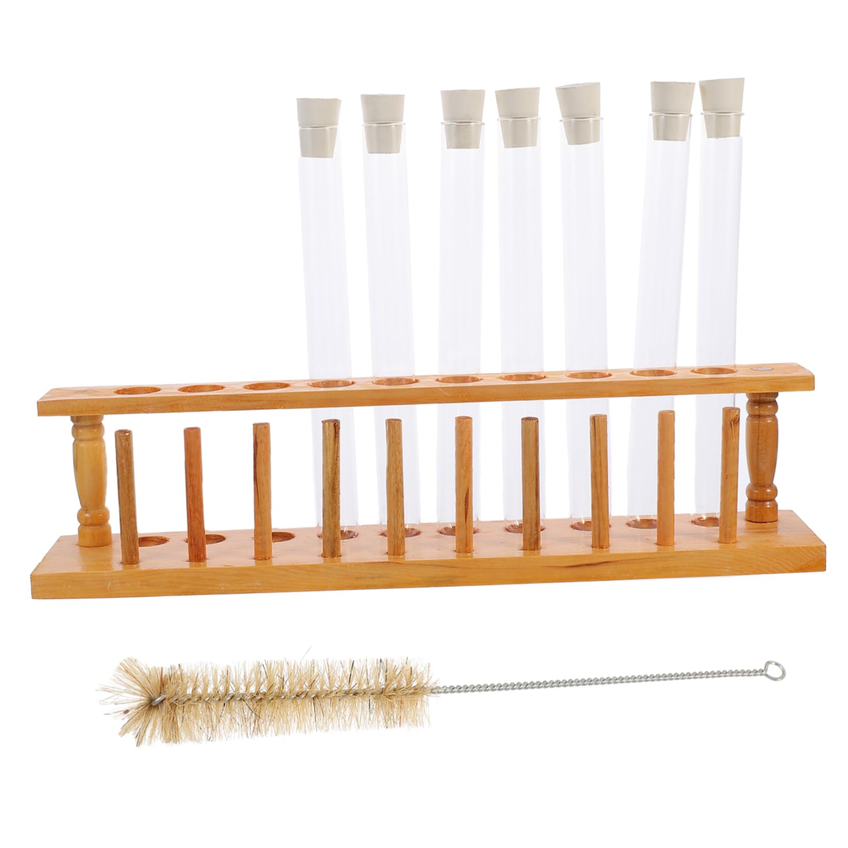 Garneck Set di Provette in Vetro con Tappi in Sughero e Porta Provette in Legno a 10 Fori con Spazzola per Pulizia, Resistente al Calore, per Laboratori e Scuole