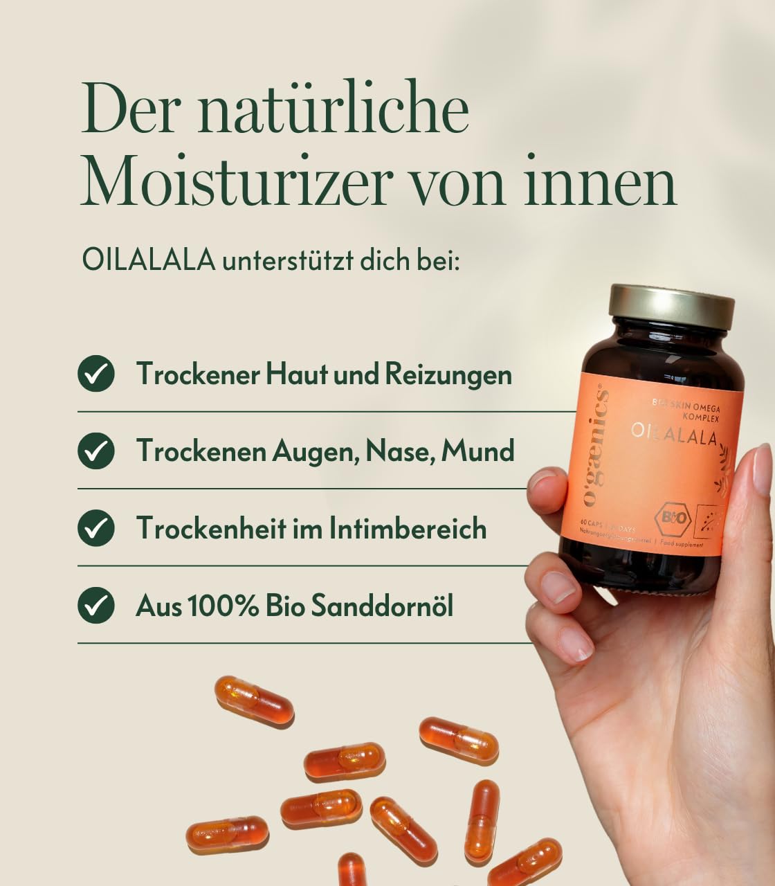 Ogaenics Oilalala Bio Skin Omega-Komplex aus Sanddorn – Veganes Omega 3-6-7-9 mit Vitamin A und E für trockene Haut und Schleimhäute, 60 Kapseln, Made in Germany