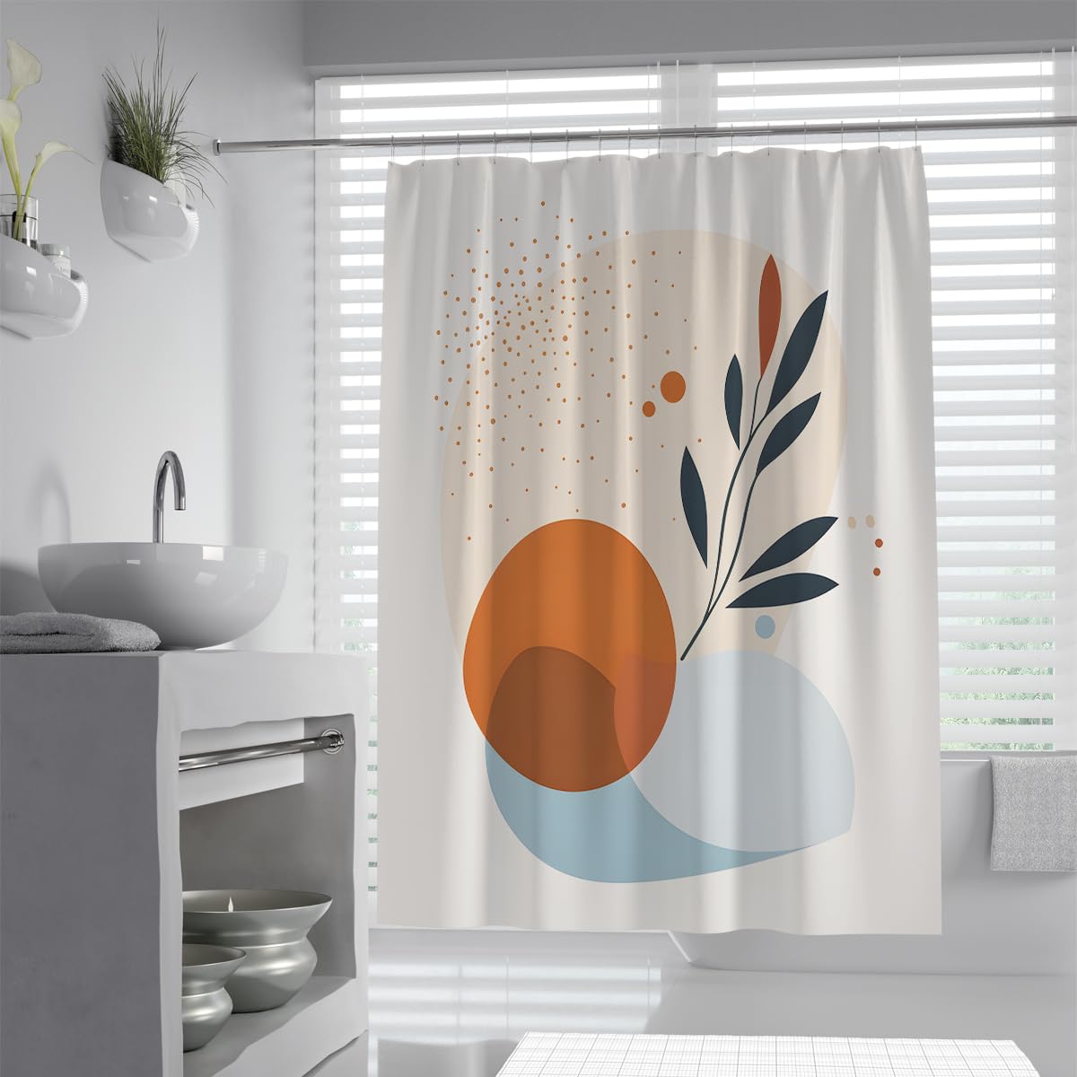 UIRINGART Earthy Shower Curtains W90xL180cm Abstract Minimalist Plant Branch Fluid Blob Orange Blue Dot Print Mildew Mould Resistant Fabric Bathroom Curtain