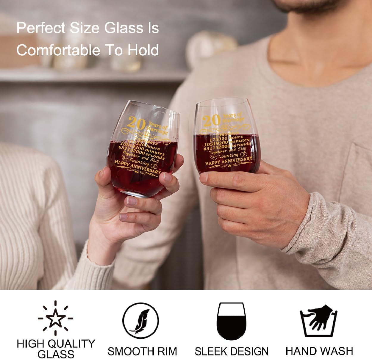 Perfectinsoy 20 Years of Marriage Wine Glasses Set of 2 with Metallic Memorial Card, 20th Birthday Wedding Gifts for Mom, Dad, Wife, Soulmate, Couple, Funny 20 Years Milestone Gift, Wedding Gift - Image 5