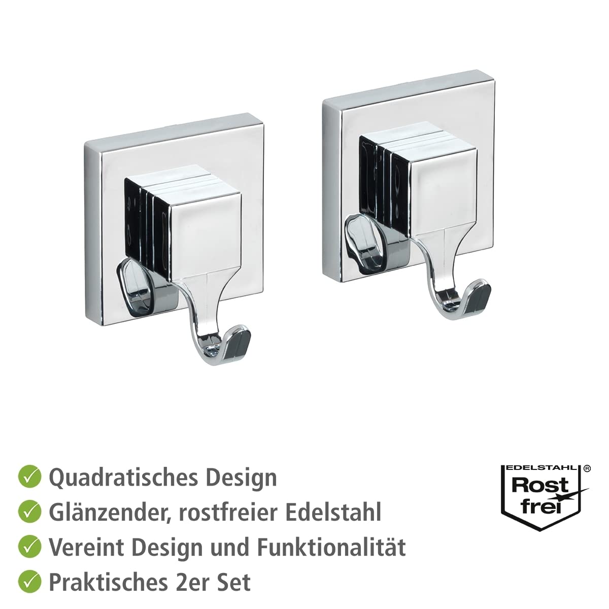 WENKO Vacuum-Loc® Wandhaken Quadro, 2er Set, Handtuchhaken für Badezimmer und Küche, Vakuum-Befestigung – ohne Bohren, Handtuchhalter aus Kunststoff, Maße je Haken: 6 x 7 x 5 cm