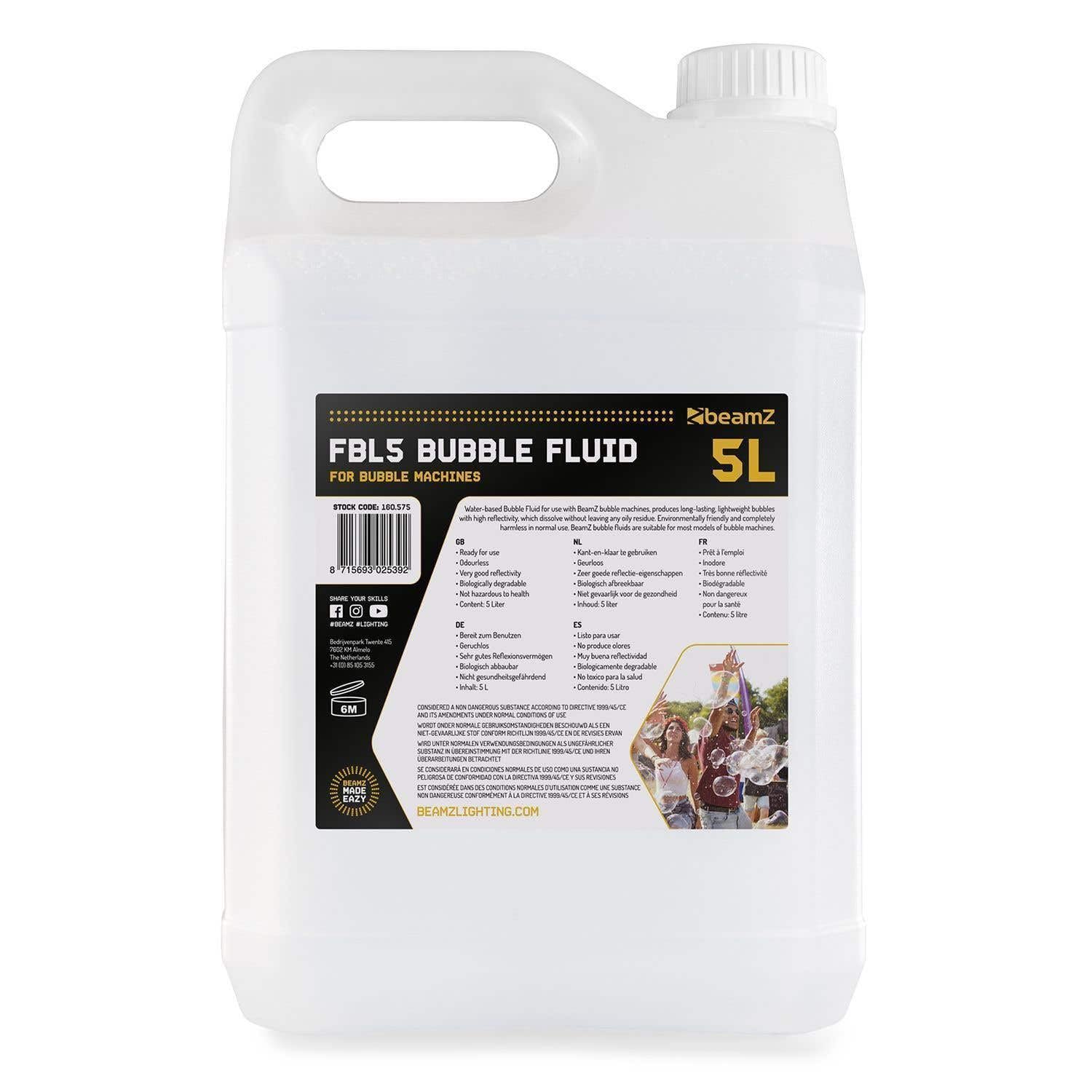 BeamZ FBL5 Liquide pour Machine à Bulles 5L, Haute Performance, Biodégradable, Non Toxique pour la Santé et l'Environnement, Fabriqué en Europe