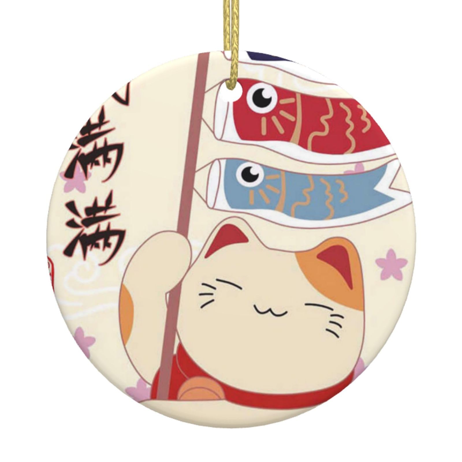 Xmas Tree Ornaments White Ceramic Hanging Accessories Lucky Cat Japanese Carp Streamer Christmas Tree Decorations Bauble Home Decor (Round Shaped)