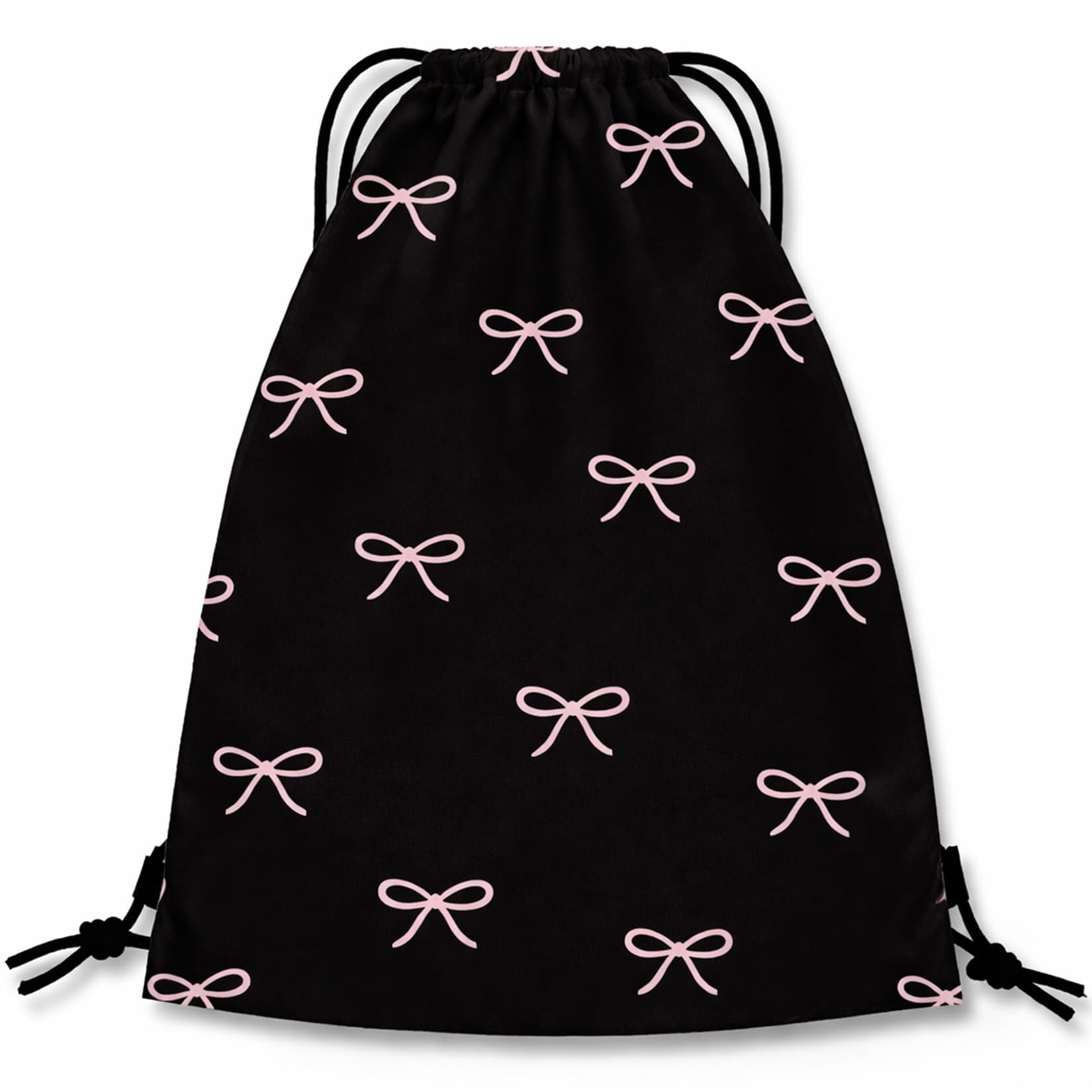 RubyTint Black Bow Drawstring Backpack for Women and Girls, Cute Bow Pattern Gym String Bag, Lightweight Large Capacity Drawstring Bag for Sports, School, Outdoor and Daily Use
