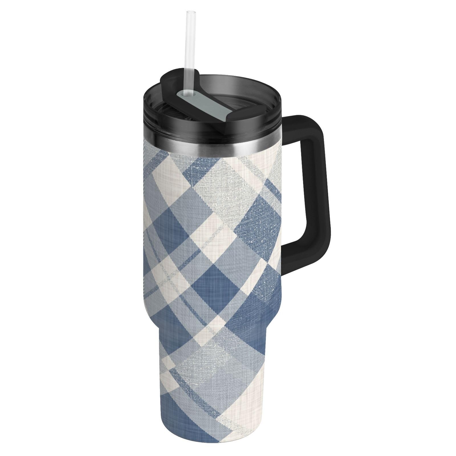 Blue Plaid Vacuum Wide Mouth Water Bottle Kids with Straw Leak Resistant Flip Extra Large Coffee Mug for