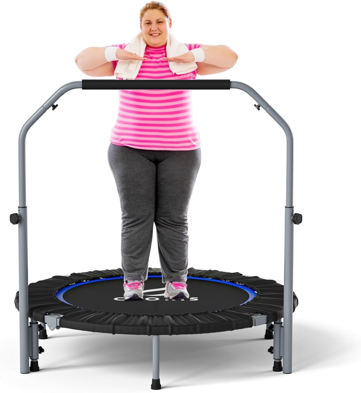 CLORIS 40in Folding Trampoline Mini Rebounder Fitness Trampoline with Adjustable Foam Handle for Kids/Adult, with safty Padded Cover Best Gift for Kids/Adult 40in-Blue-2