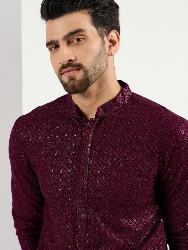 Image of Men's Solid Embroidered Long Straight Kurta | Men's Kurta | Embroidered Chikankari Kurta for Men | Straight Fit Kurta for Men