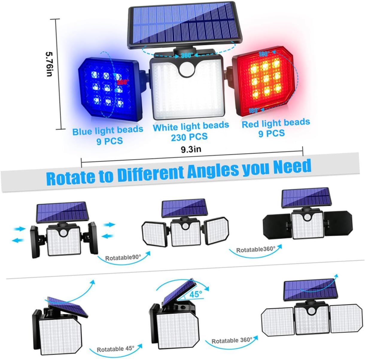 Head Solar Security Light with Motion Sensor Outdoor Solar Flood Lamp with Flashing and Warning Lights Induction Lighting for Garden