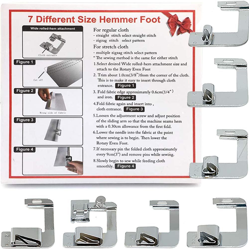 Rolled Hem Presser Foot Set 7pcs - Fits All Singer, Brother, Babylock, Janome, Kenmore Low Shank Sewing Machines (and More!)