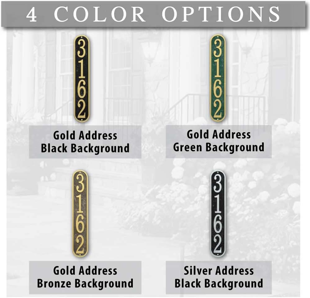 Whitehall™ Personalized Cast Metal Vertical Address plaque. Four colors, four shapes available! Made in the USA. BEWARE OF IMPORT IMITATIONS. Custom house number sign. BEWARE OF IMITATIONS