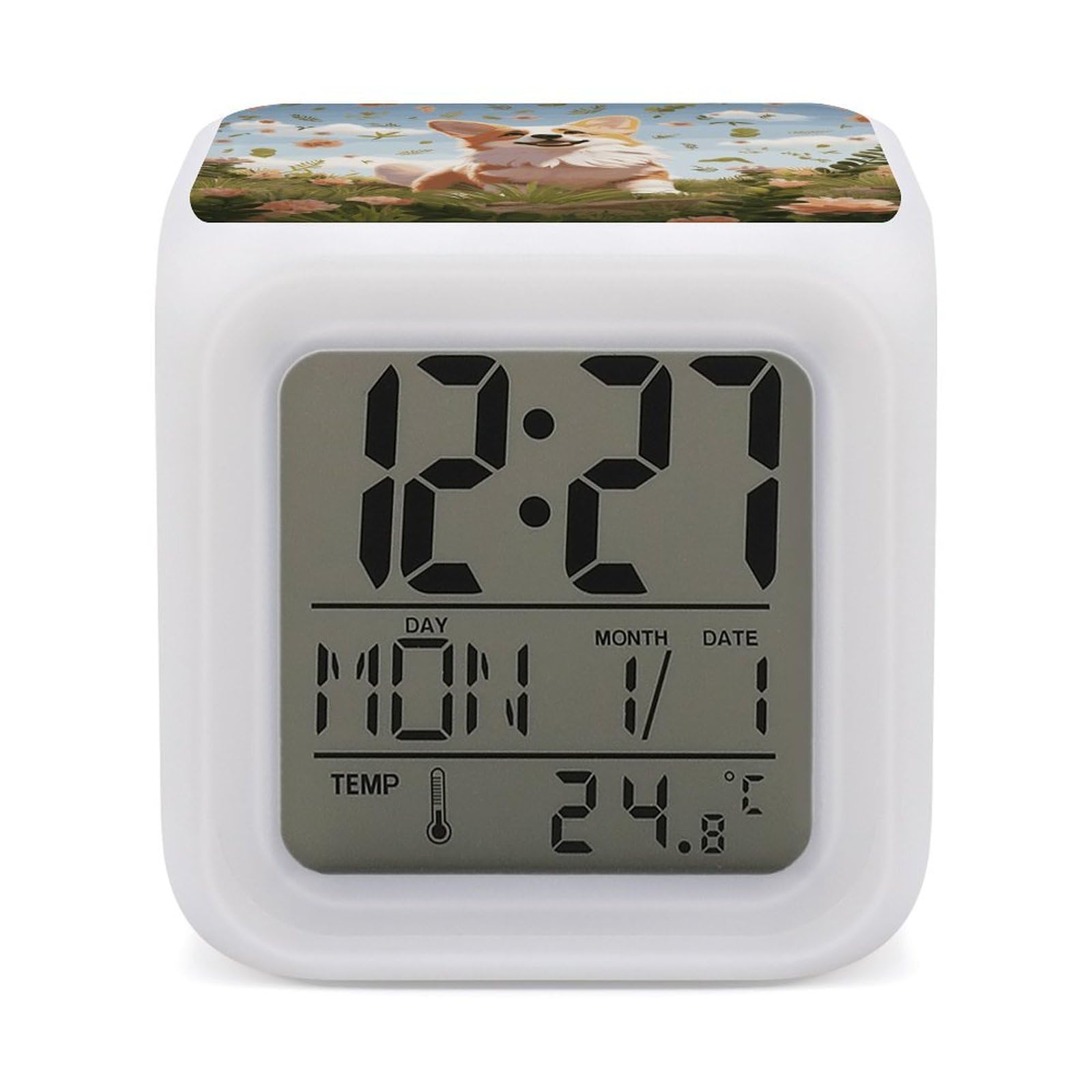 FekiLoot Lovely Corgi Alarm Clock for Heavy Sleepers Wake Up Digital Clock with 7 Color Changing Night Light Super Loud Digital Alarm Clocks Small Machine Alarm Clocks