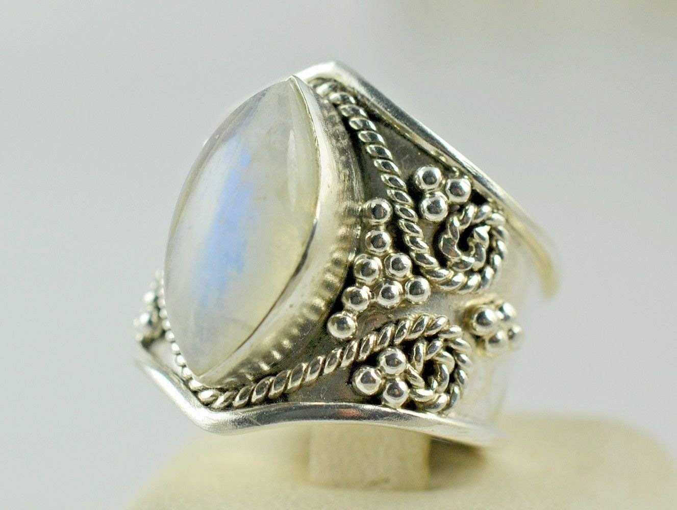 Regenbogen-Mondstein-Ring | 925 Sterling Silber Handgefertigter Statement-Versprechensring für Frauen | Natürlicher Edelstein Boho Schmuck | Juni-Geburtsstein | Geschenk für Sie