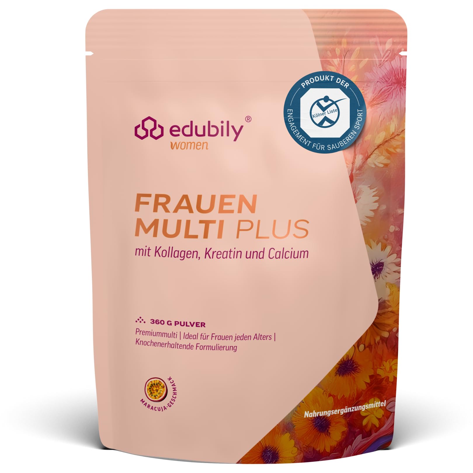 edubily® Frauen Multi Plus – Multivitamin & Mineralstoff-Drink für Frauen - Mit Calcium, Magnesium, Zink, Vitamin D & B-Vitaminen, Kreatin, Q10 & Kollagen - Zuckerfrei (360 g, Maracuja)