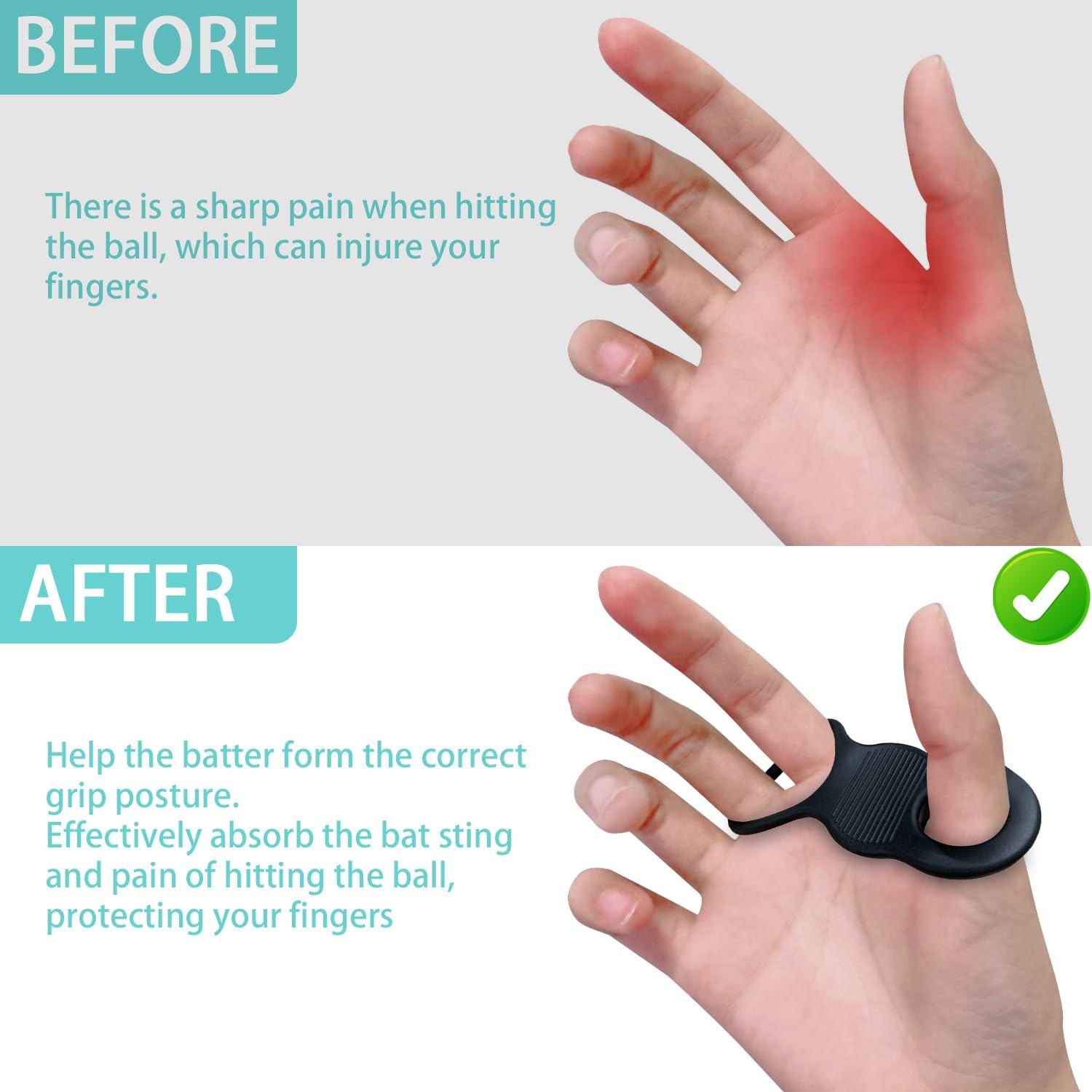 FEYRUN Baseball Thumb Guard Soft Silicone for Reduced Bat Sting, Swing Hitting Trainer Aid (Black)