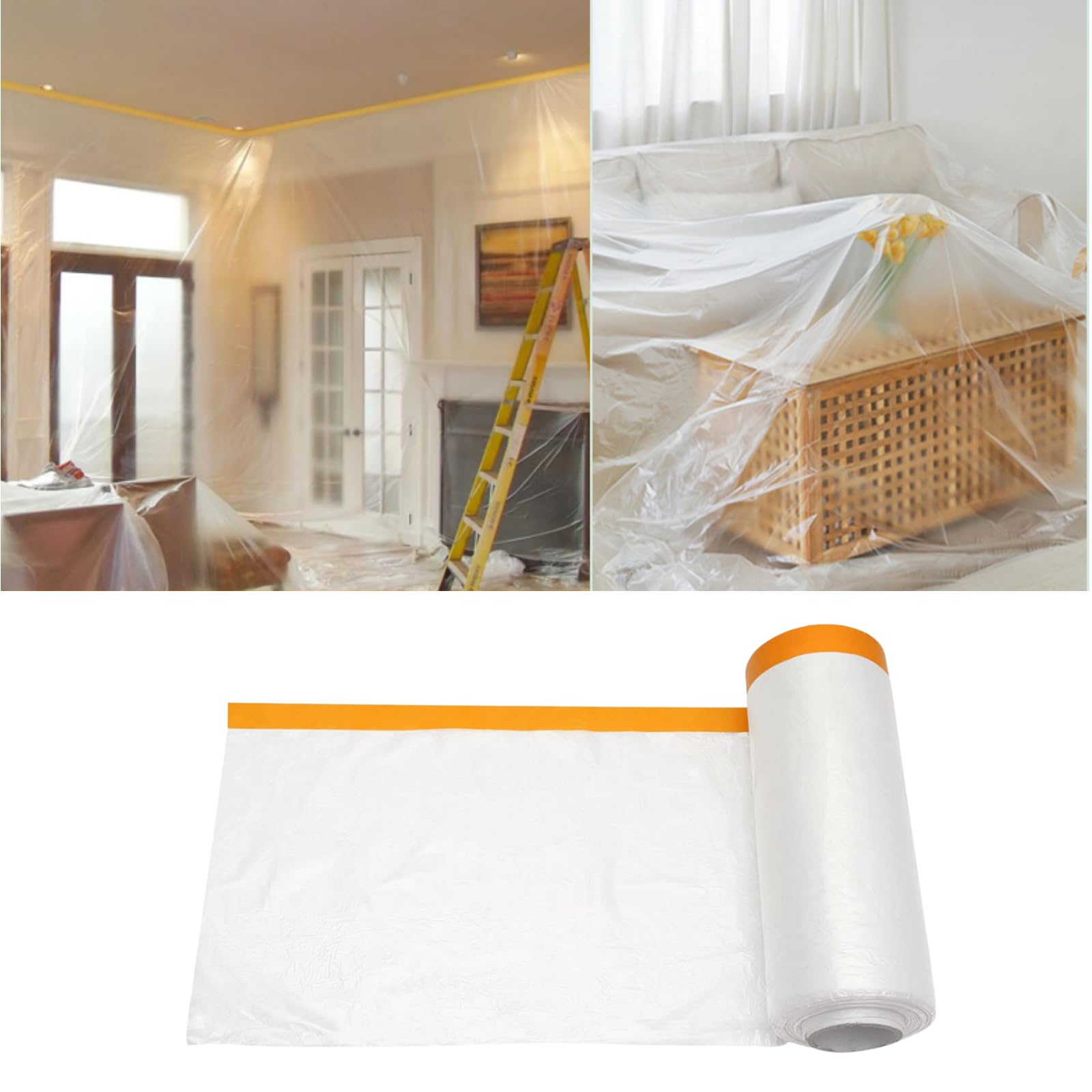 Plastic Dust Sheets for Decorating,2.4m x 20m Waterproof Masking Film Rolls, Pre-Taped Tape and Drape for Painting Furniture Covering
