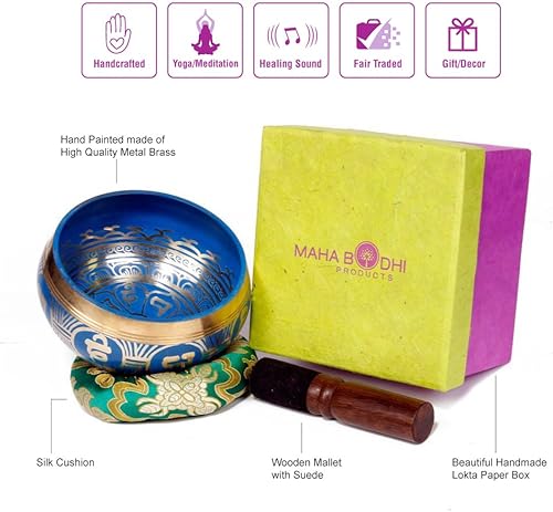 Miniatura 2 de Juego de cuencos tibetanos para cantar  Diseño azul frío  Maha Bodhi 5 pulgadas de ancho auténtico gong de meditación para relajación y curación de