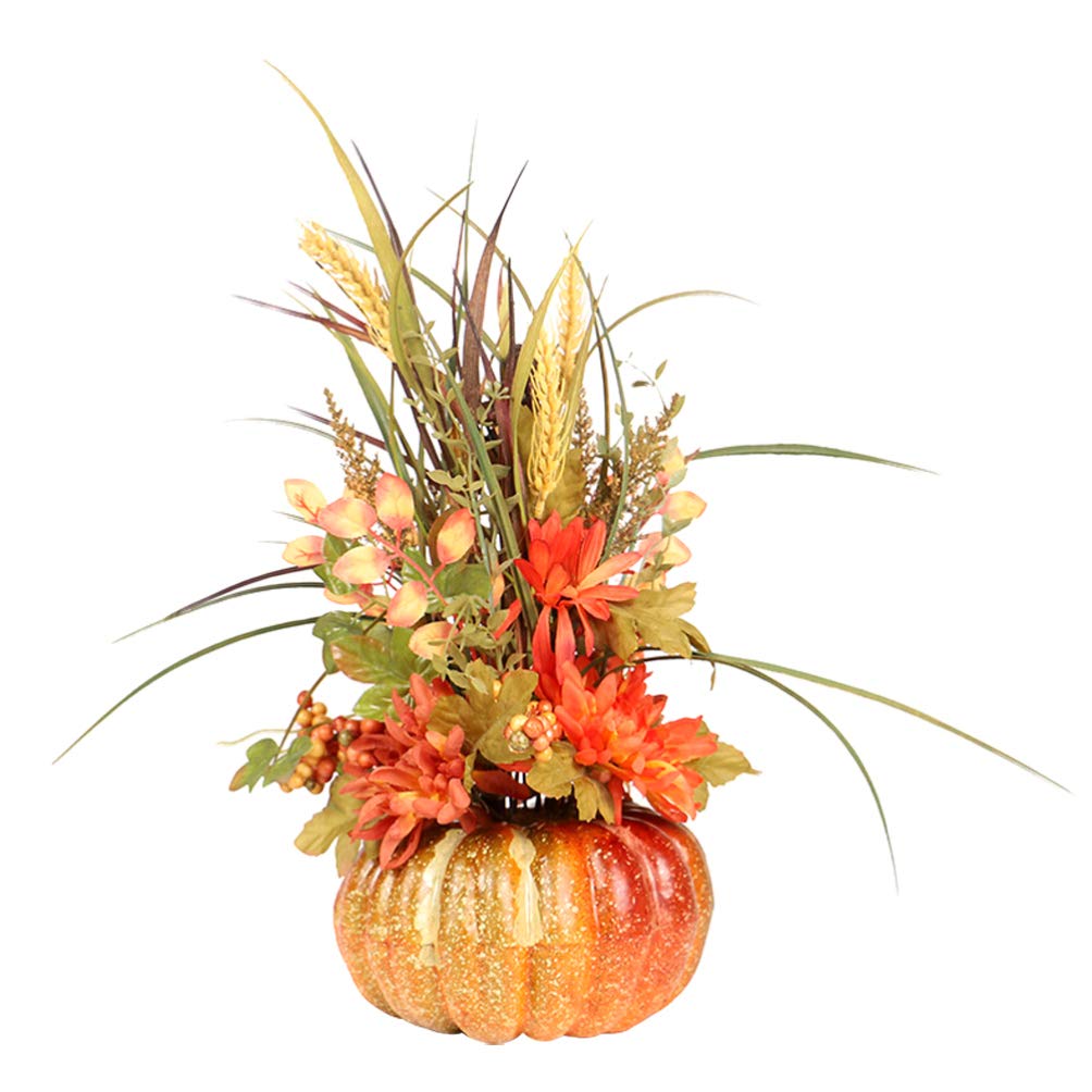 ABOOFAN Fall Pumpkin Centerpiece Artificial Pumpkin Ornament with Maple Leaves Sunflower Wheat for Fall Wedding Thanksgiving Decoration