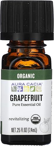 Aura Cacia Aceite esencial de pomelo 100% puro, certificado orgánico, probado por GCMS para su pureza, 0.3 fl oz (0.25 onzas líquidas), Citrus