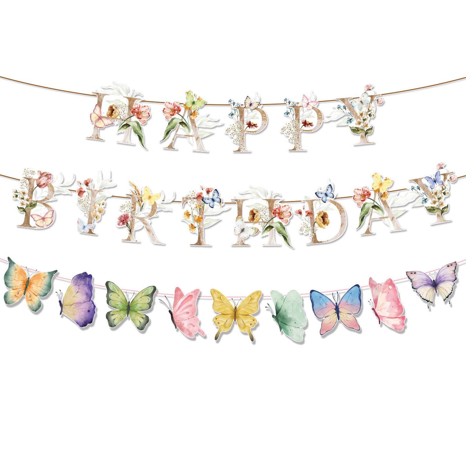 2pcs Happy Birthday Banner, Birthday Decorations for Garden Party and Baby Shower, Enchanted Woodland Tropical Wedding Tea Supplies Girl Decorations