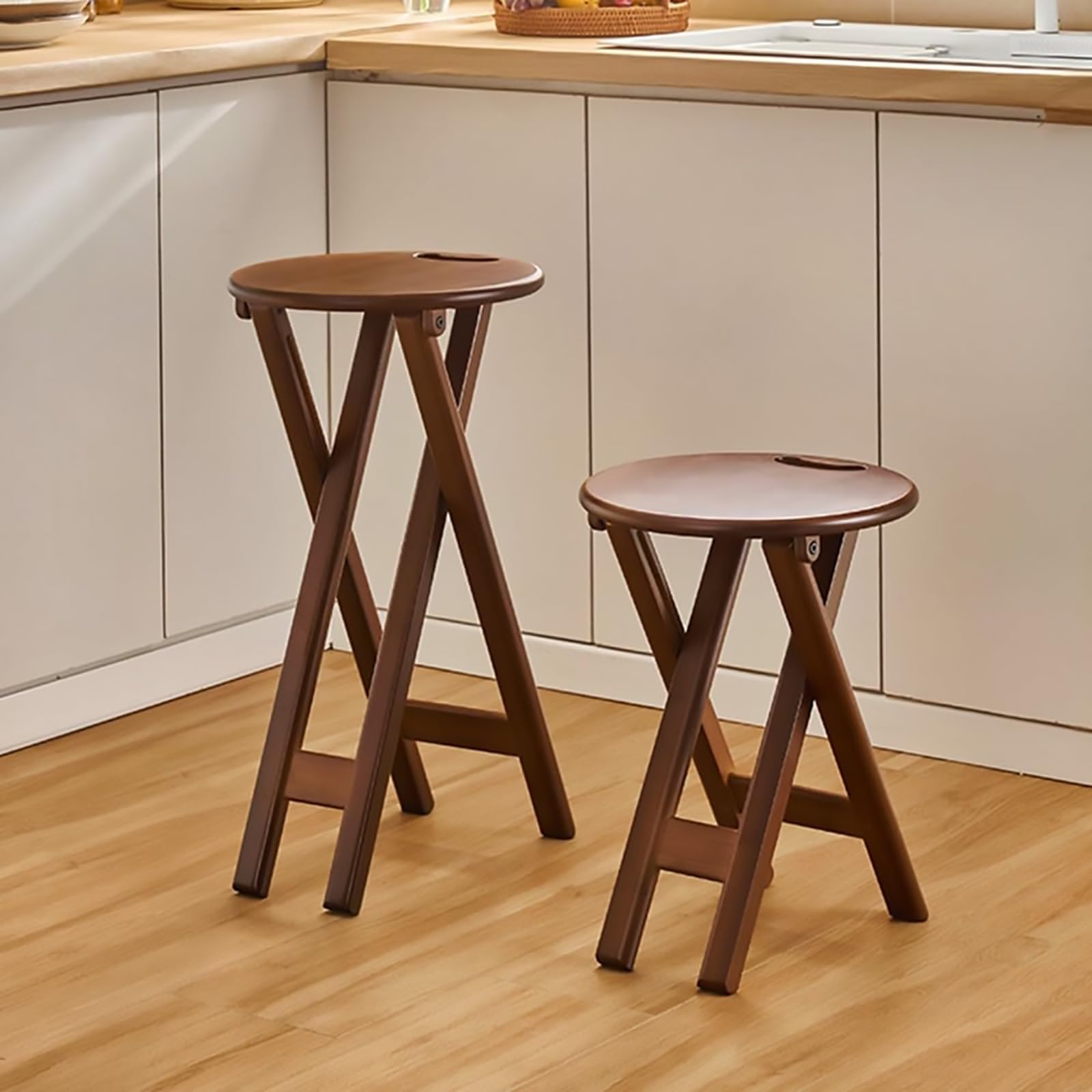Barhocker Klappbar 60 cm, Holz Sitzhocker Klappbar mit Fußstütze, Runder Hoher Klappbarer Hocker mit Griff für Wohnzimmer, Küche, Bartheke