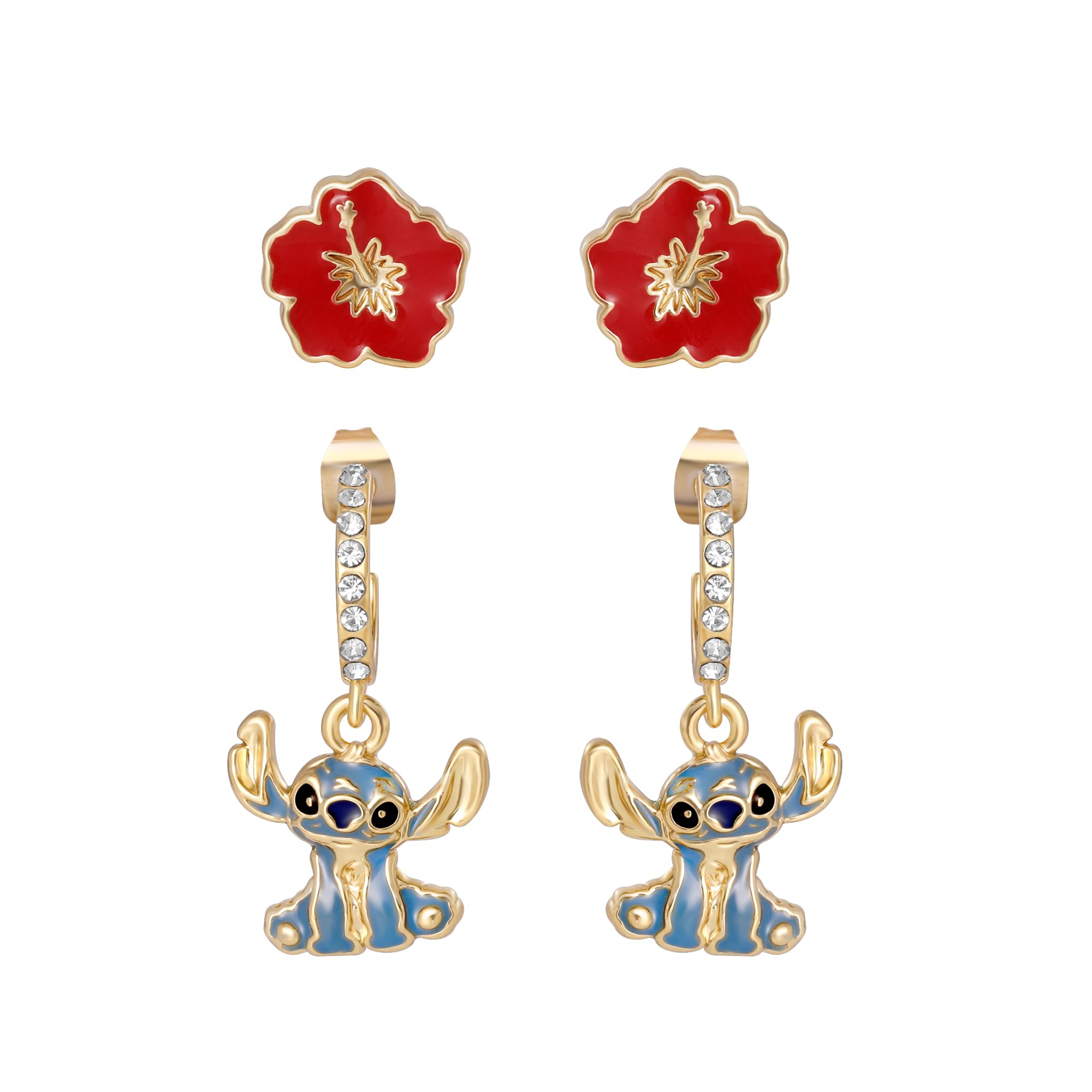 Set Orecchini a Cerchio Disney Lilo e Stitch - Orecchini Pendenti in Ottone con Fiori di Ibisco Smaltati e Cuciture - Licenza ufficiale
