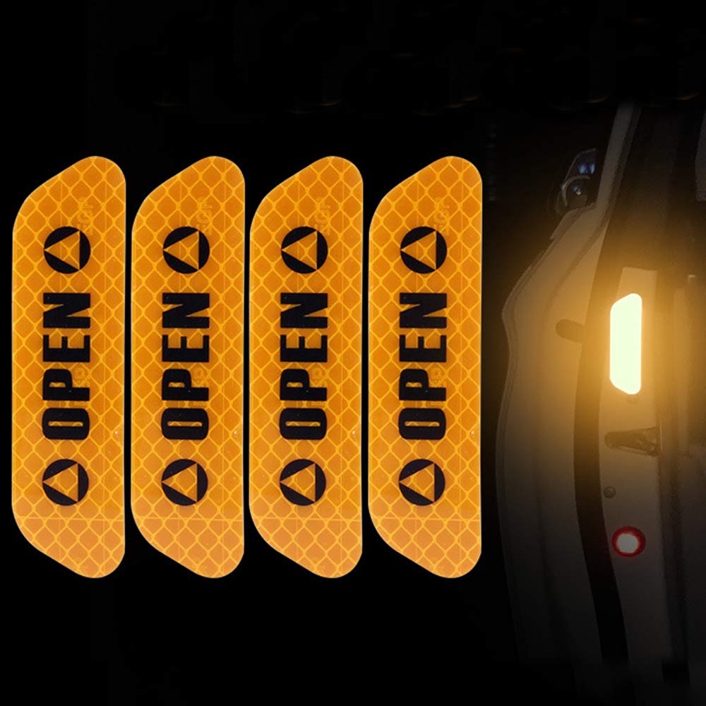 ZYTC 4pcs 3D Super Reflective Stickers Carbon Fiber Strips Car Side Open Door Edge Bumper Anti-Scratch Protection Guards Trim Stickers Universal (Open Yellow)