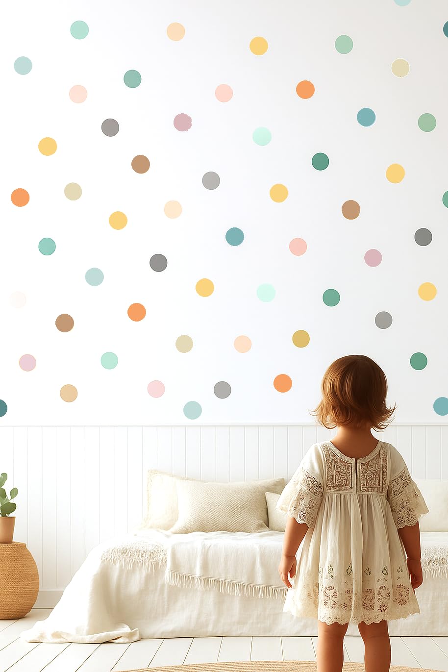 2-inch Polka Dot Wall Decals for Girls Bedroom Featuring 150 Neutral Boho Rainbow Wall Stickers