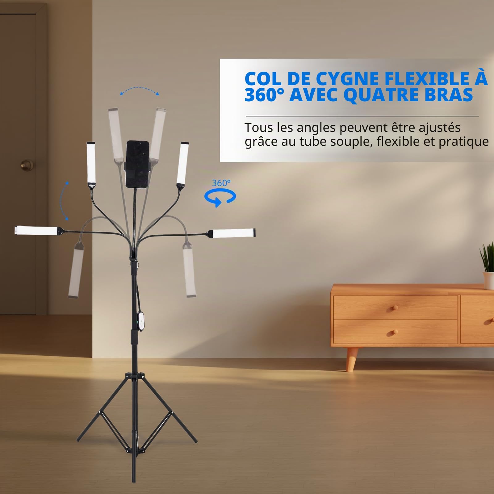Lampe Cills à Quatre Bras, Lampe Esthetique Professionnel avec Trépied et Support de Téléphone, pour Maquillage, Cils, Sourcils, Tatouage, Manucures, Streaming, Photographie de Produits