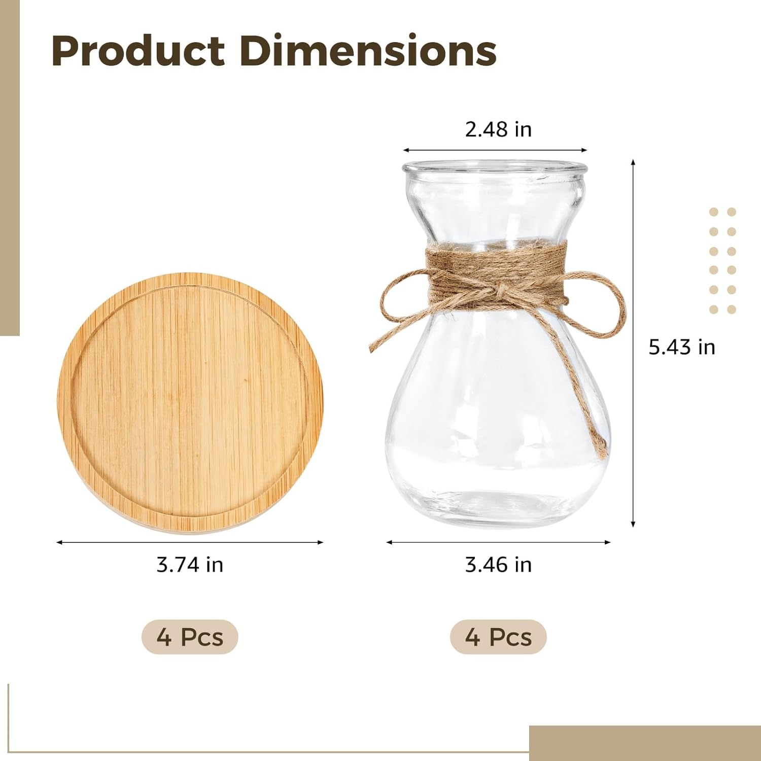 4 Pcs Glass Bulb Vases, Clear Forcing Hydroponic Planters for Hyacinths, Slim Waist Design, Bohemian Style Home Decor with Rope, Wooden Coasters
