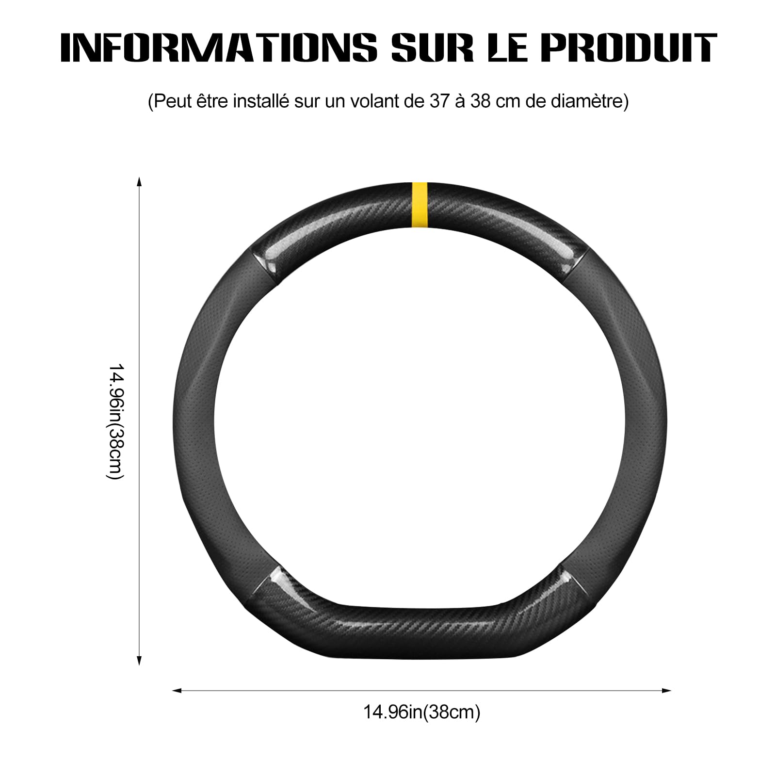 Ergocar Forme en D Housse Volant Voiture Universelle, Couvre Volant de Voiture Fibre de Carbone, Peau de Vache Couche Supérieure, Antidérapant Respirant, 38cm