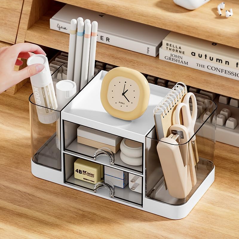 Image of Desk Organizer with 2 side Drawers & Dual Pen Holders Multipurpose Desktop Storage Box for Office Desk Study Table Makeup Vanity Stationery Holder with Transparent Top Tray(multicolor)